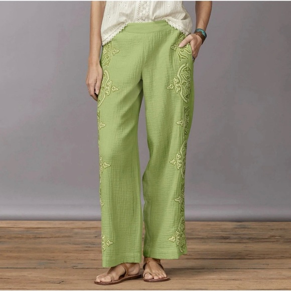 Sundance Pants - NWT Sundance Pants Women’s L Green Morgana Wide Leg Embroidered Ankle Kiwi